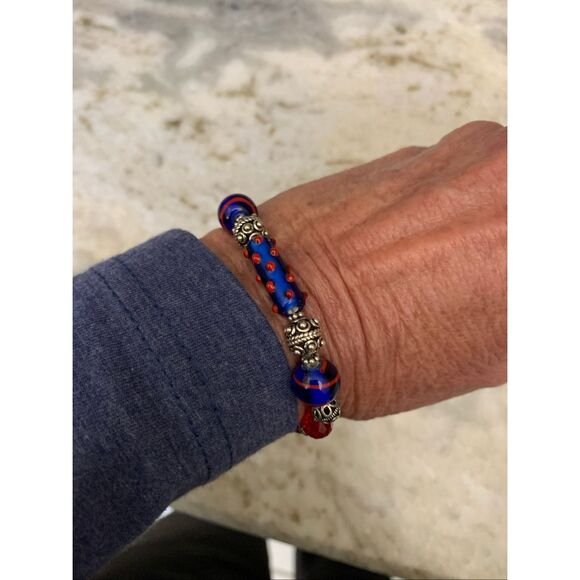 Red Blue Lampwork Beads Handmade Bracelet #Italy #USA #handmade - Picture 2 of 7